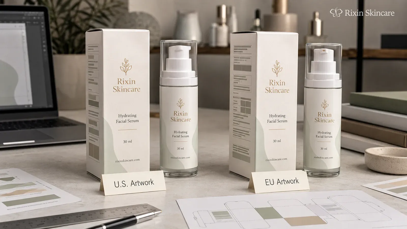 Matching Rixin Skincare serum packaging presented as separate U.S. and EU artwork versions.