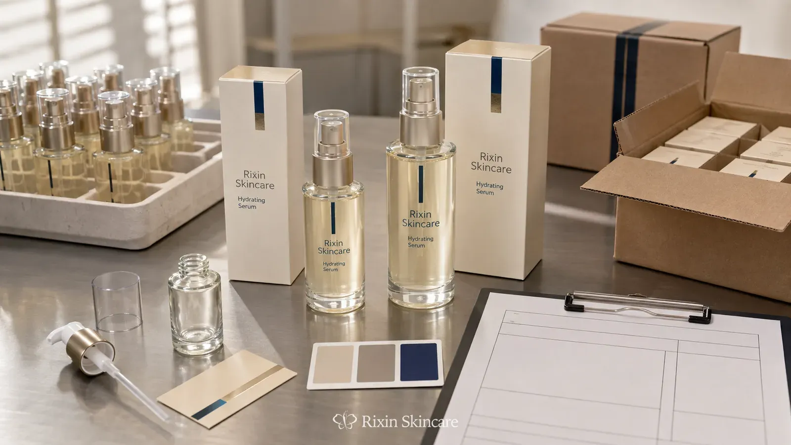 Two serum sizes, packaging components, production trays, and shipping cartons arranged to assess launch, repeat-order, and scale-up fit