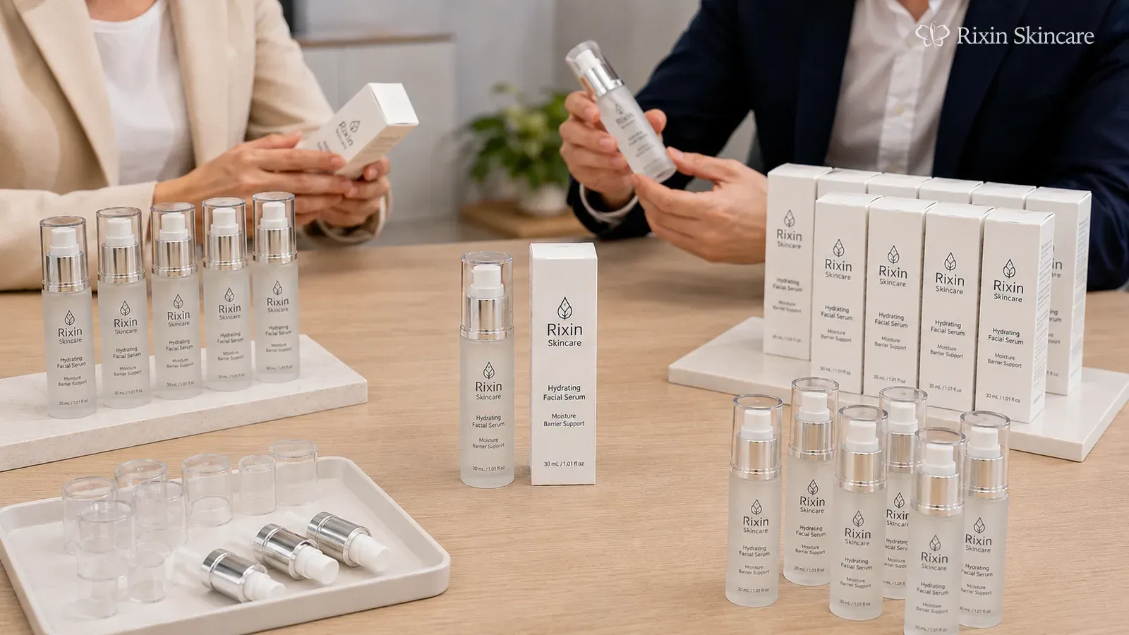 A skincare brand team reviews one confirmed product and packaging basis across production and repeat-order stages.