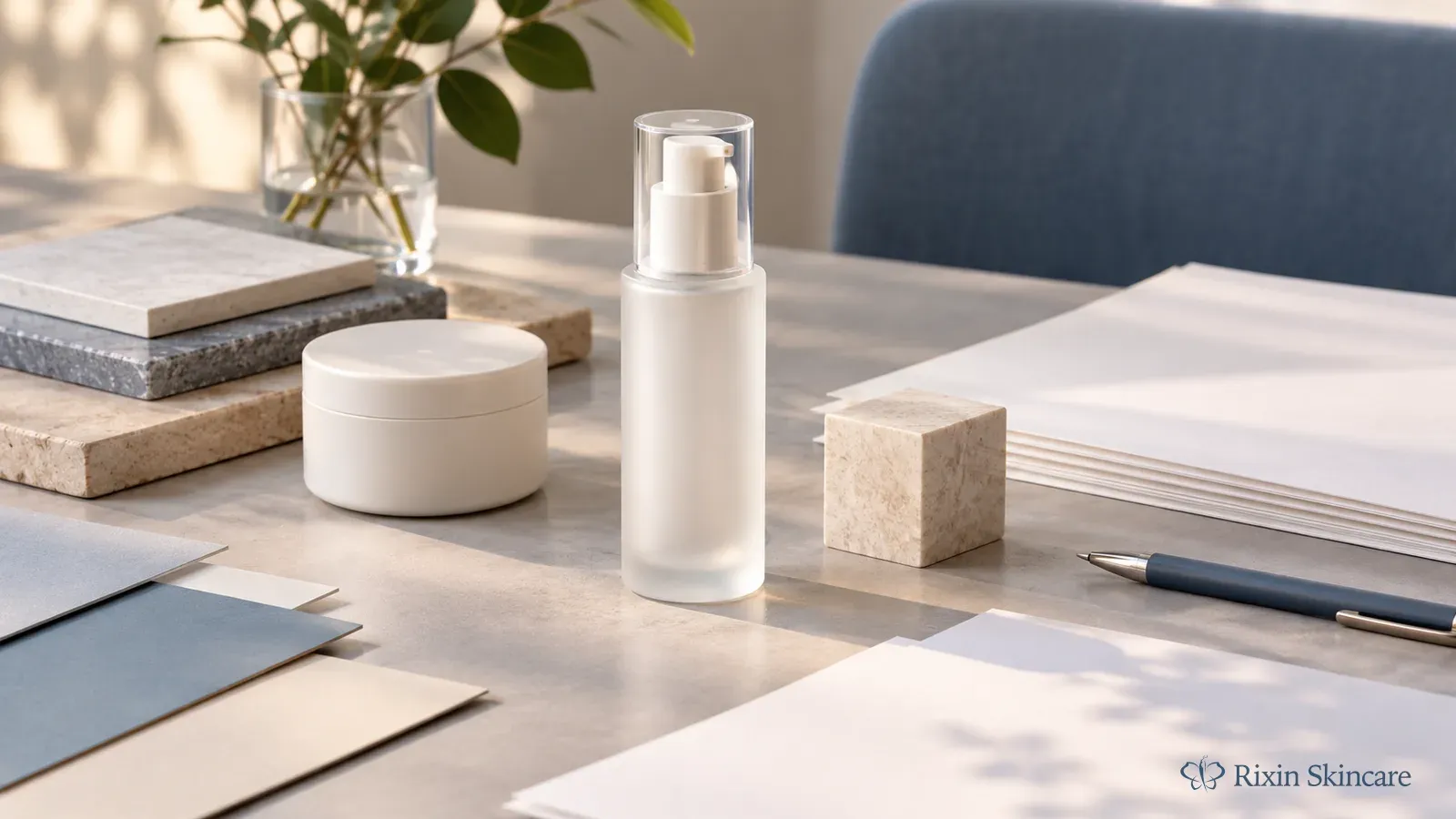 Unbranded skincare packaging sample beside blank review papers and packaging material references on a neutral worktable.