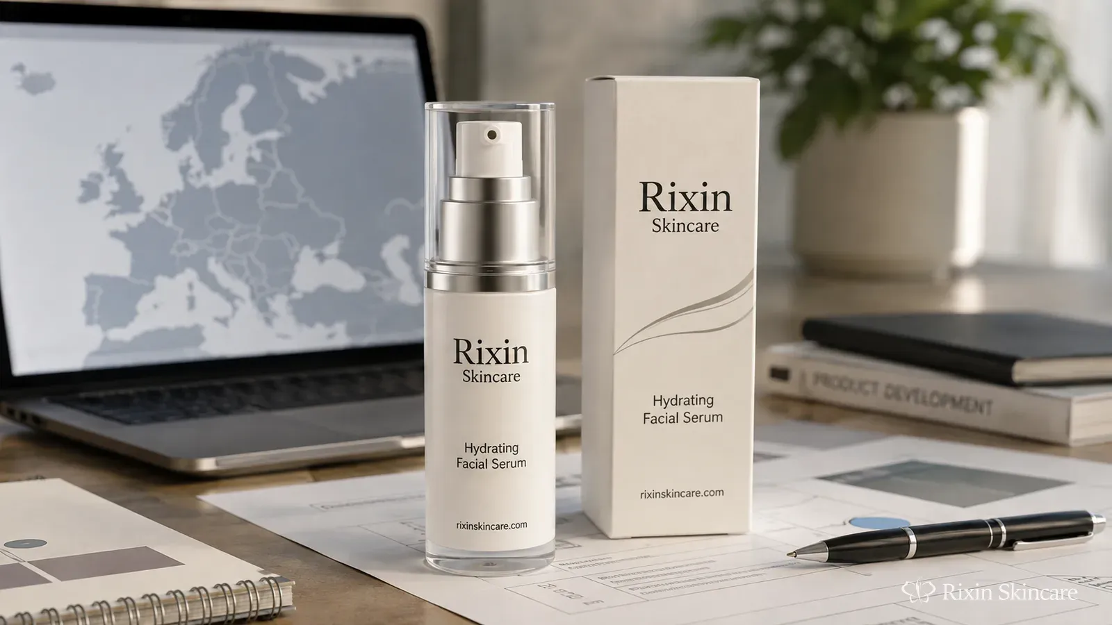 Rixin Skincare serum and packaging on a product-development desk prepared for EU cosmetic market planning.