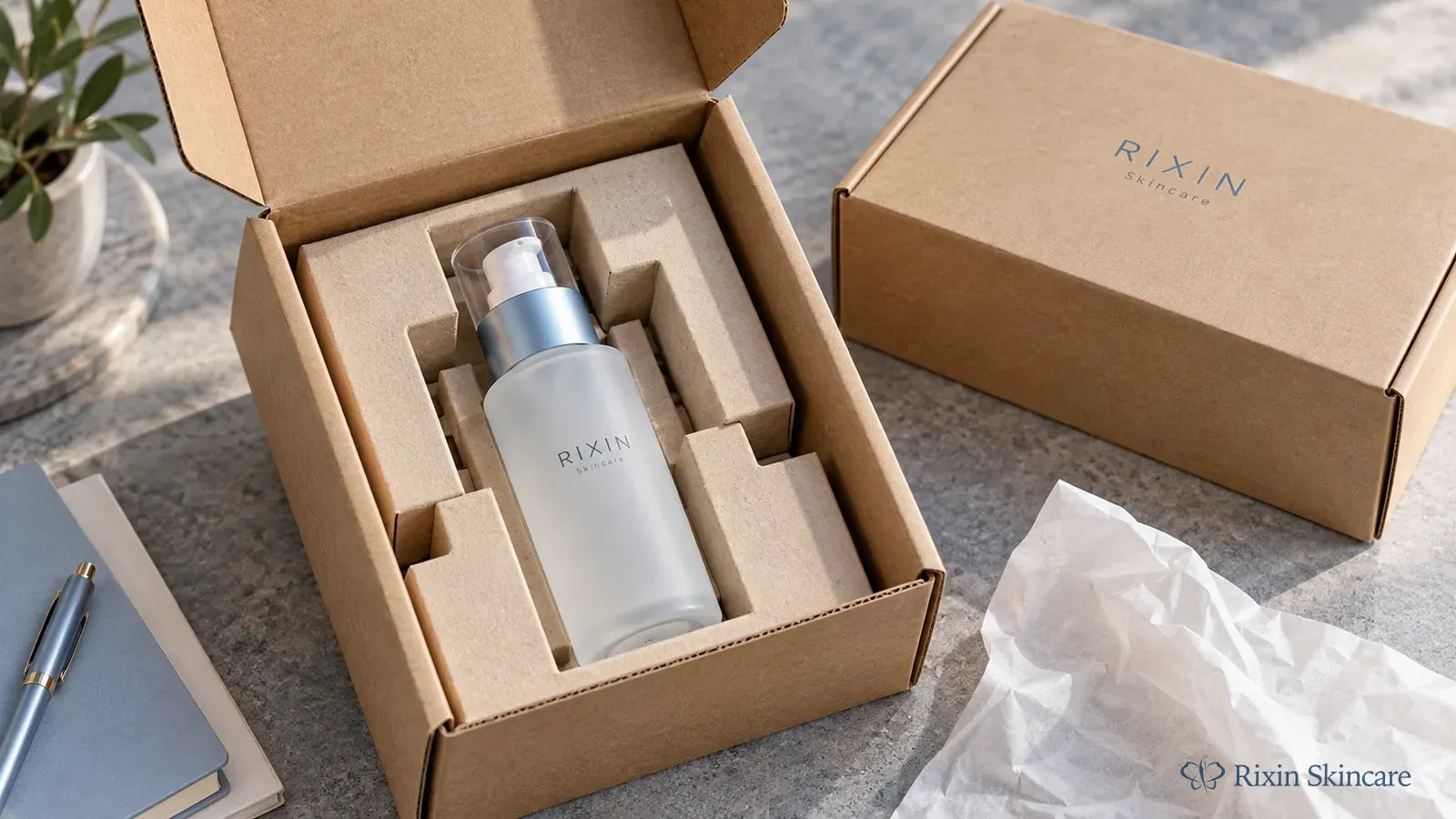 An unbranded skincare packaging sample packed inside an open protective shipping box for manufacturer review.