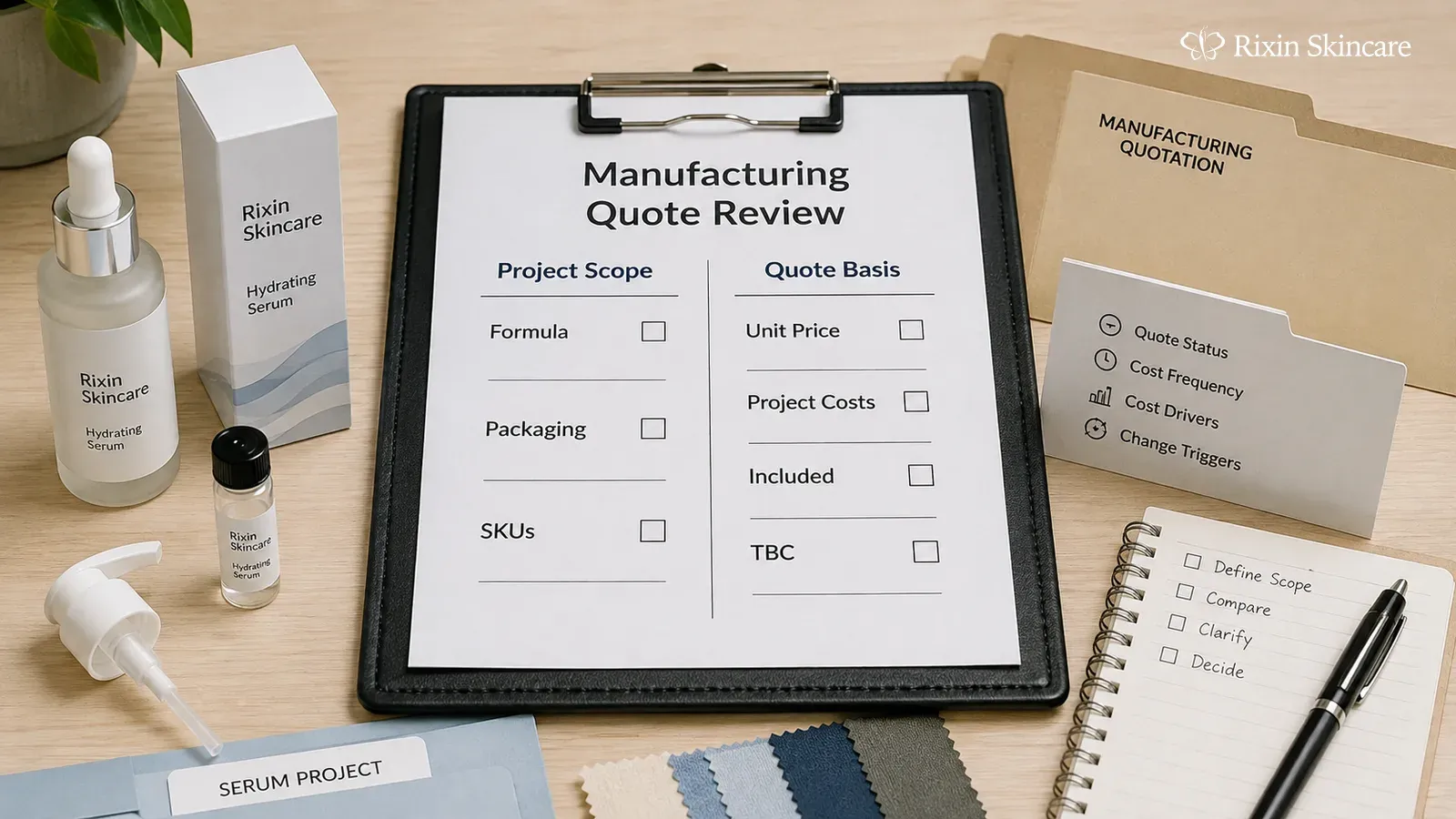 Serum project beside a manufacturing quote worksheet covering scope, unit price, project costs, inclusions, and TBC items