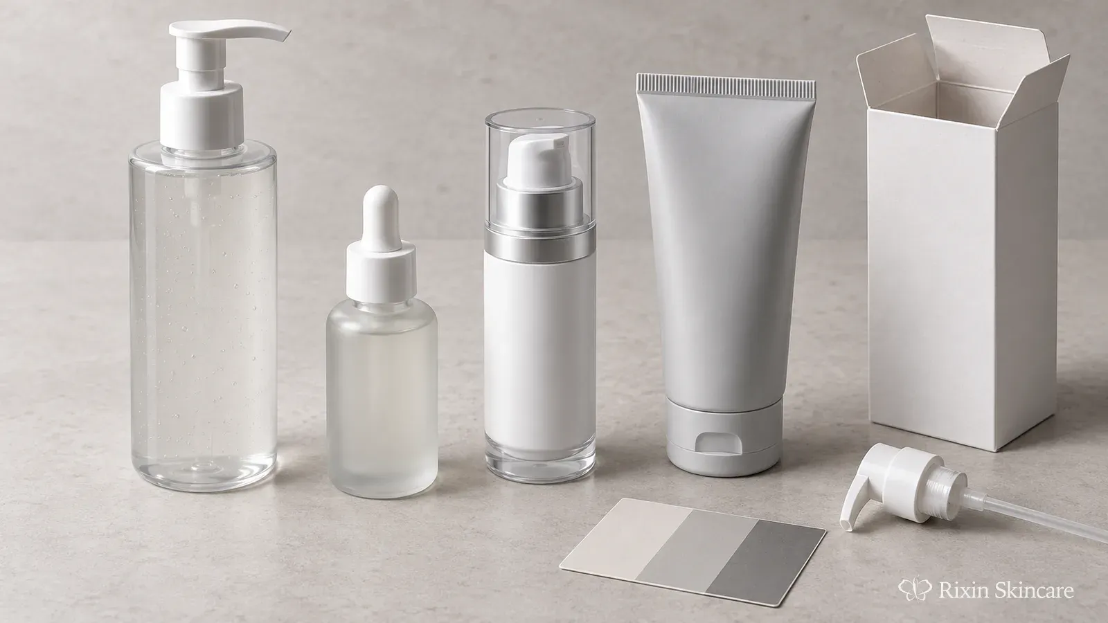 Coordinated skincare packages and development components arranged as a product-line planning workspace.