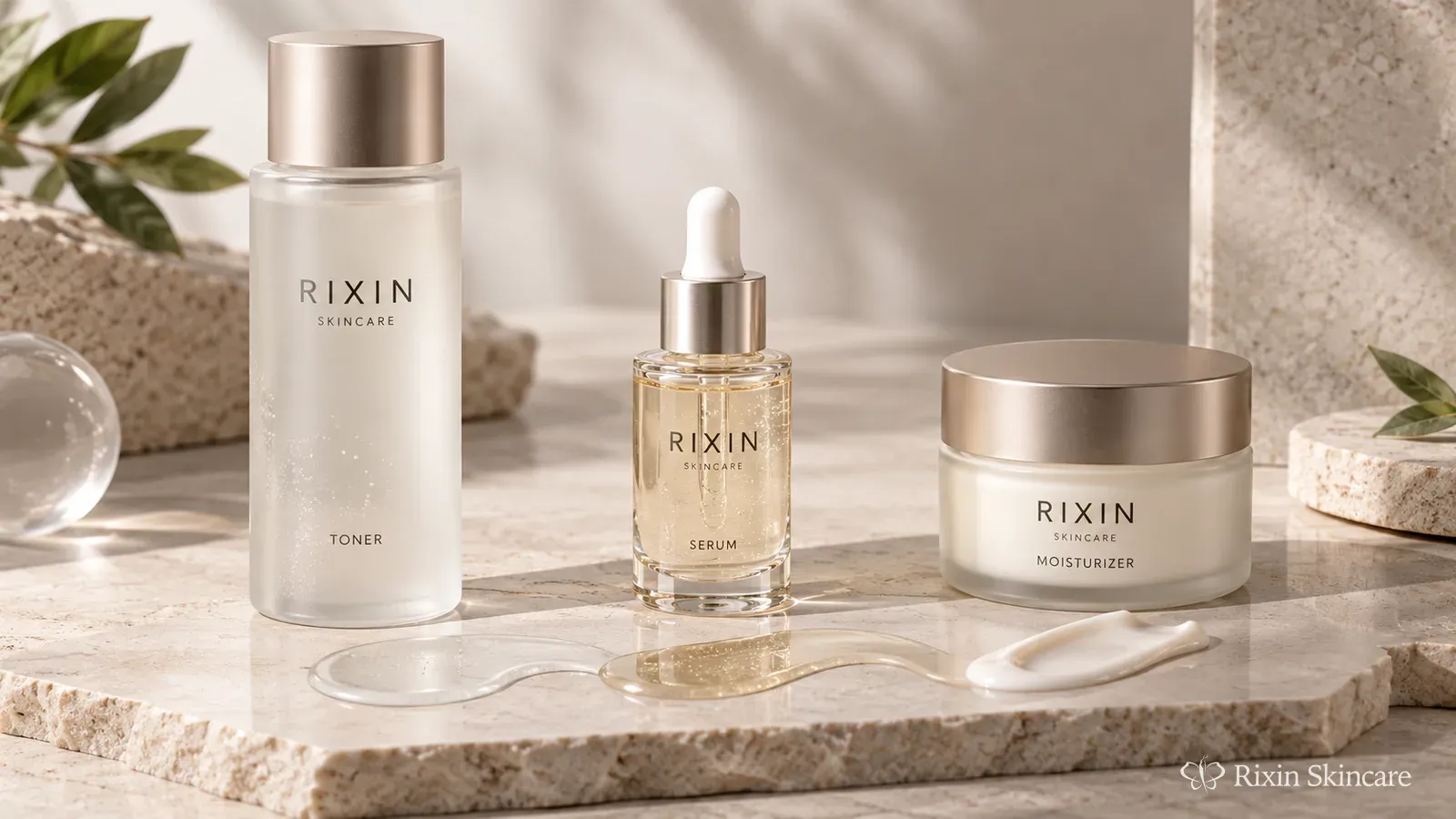 Three coordinated Rixin skincare prototypes arranged as one routine for combined-use product-system evaluation.