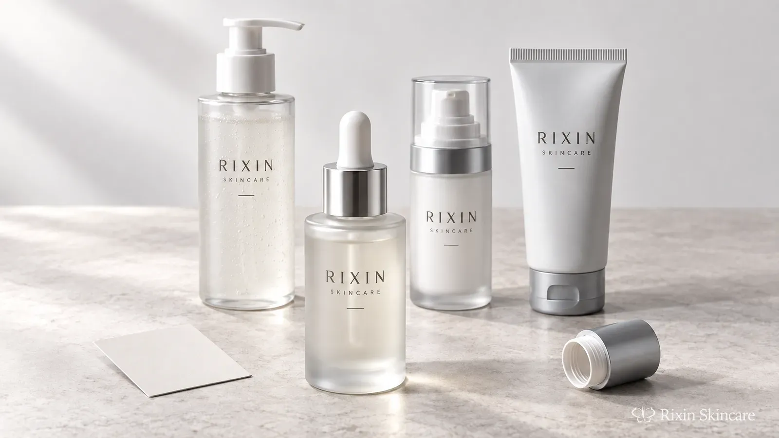 A prominent skincare product with related supporting products arranged to suggest a hero-product launch versus a broader line.