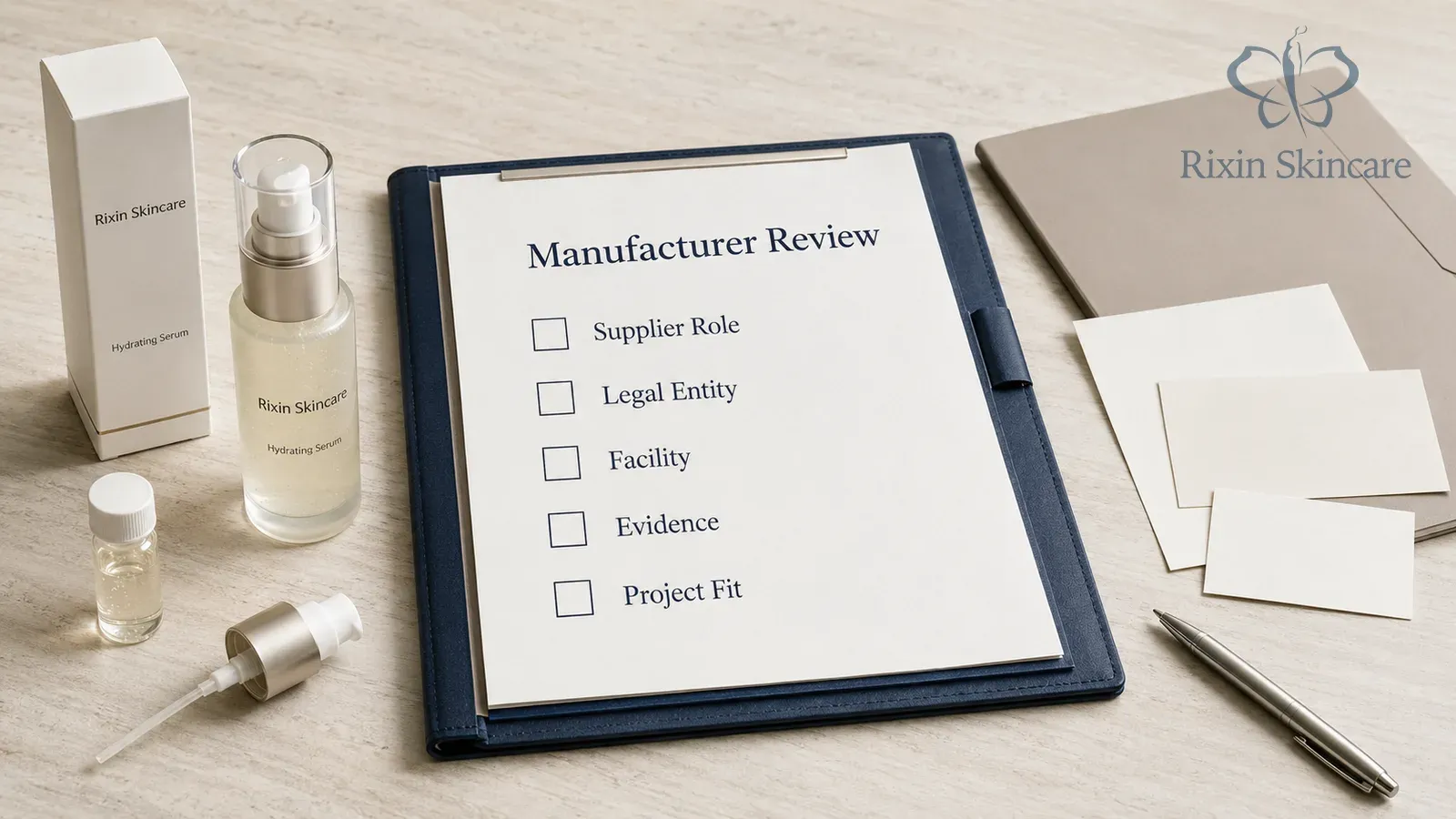 Skincare supplier review folder with serum samples and checklist sections for role, entity, facility, evidence, and project fit