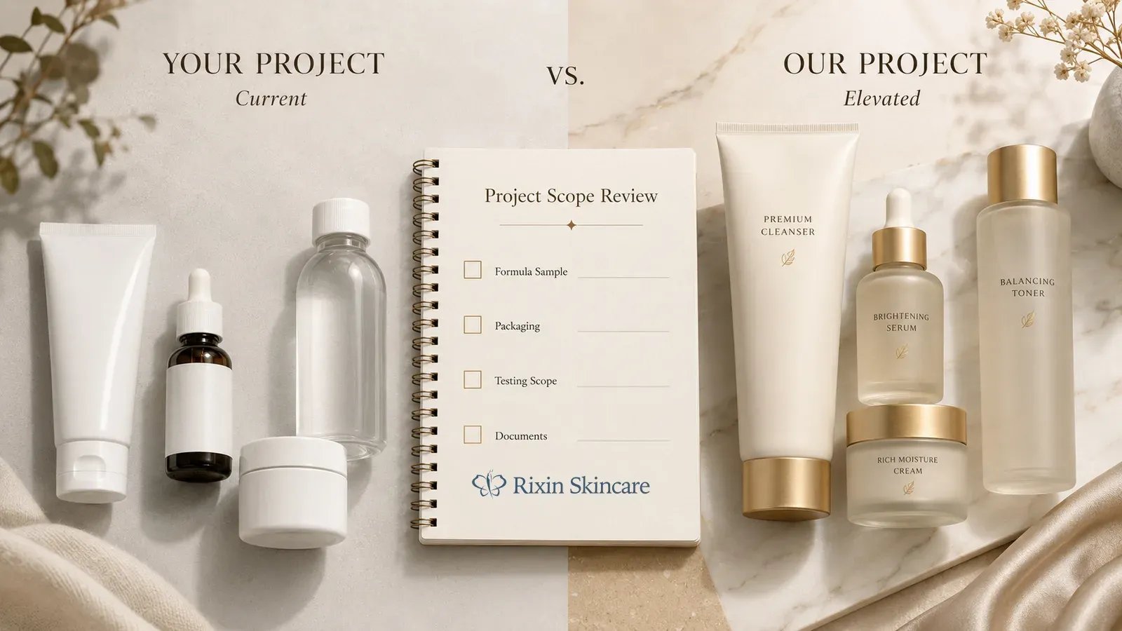 Standard and expanded serum project scopes compared around a notebook labeled Project Scope Review