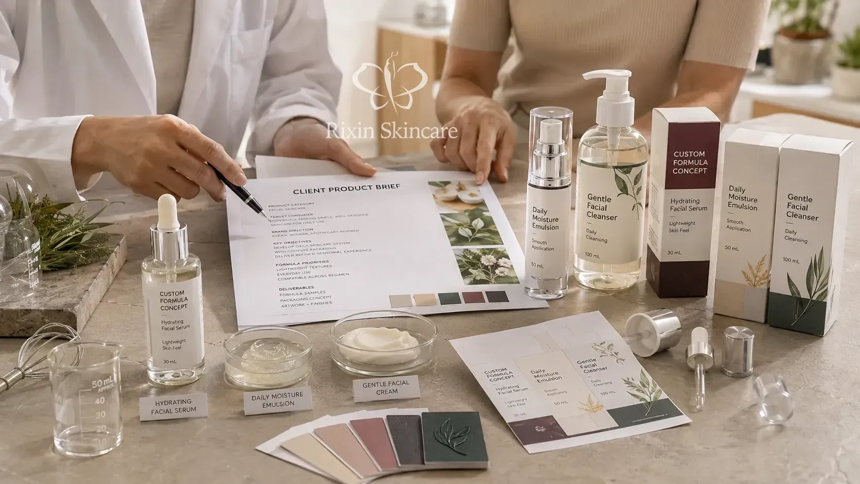 Skincare specialists reviewing formula samples, packaging options, cosmetic textures, and a custom product brief.