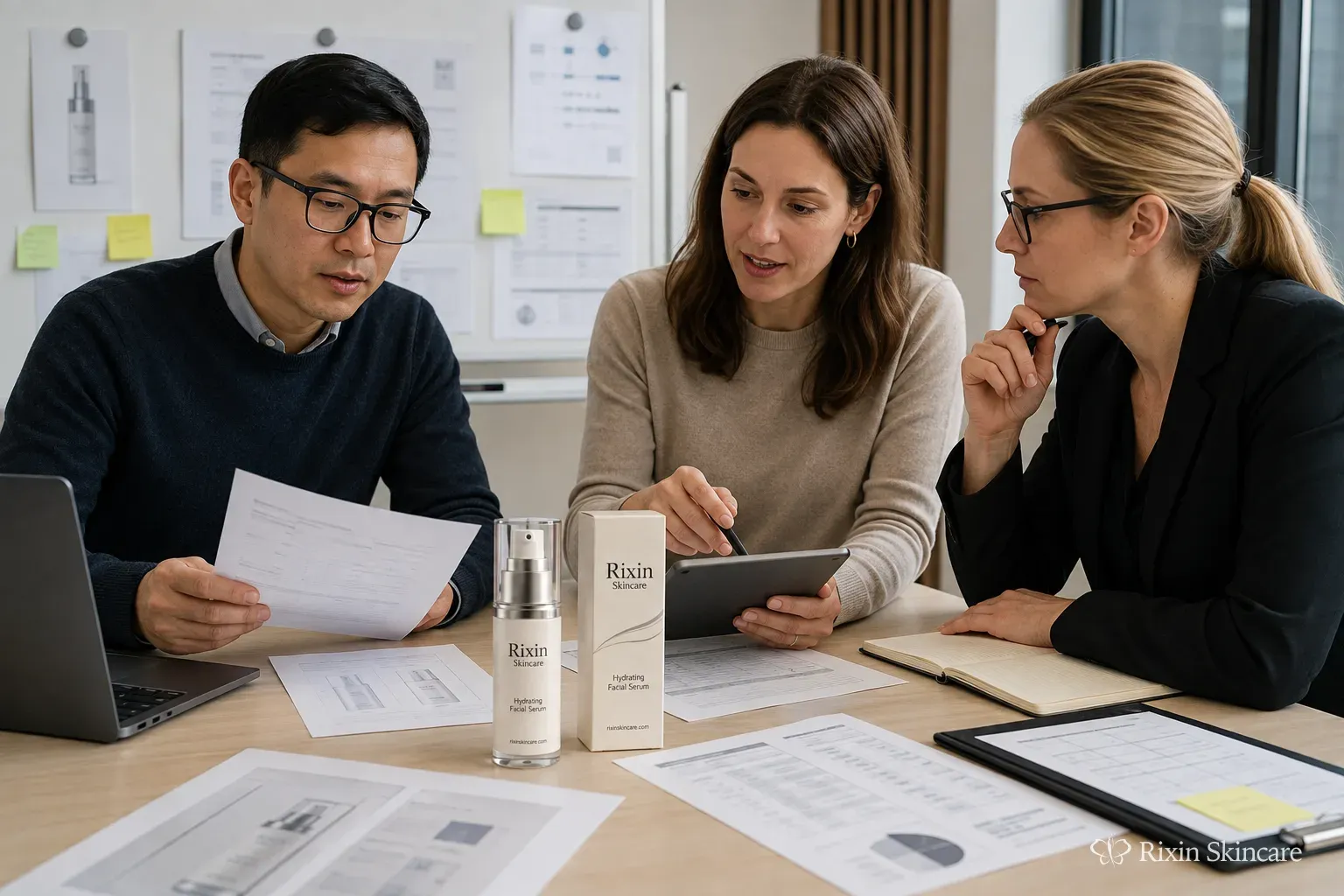 Skincare project team reviews a product sample, technical information, and packaging materials for EU market preparation.