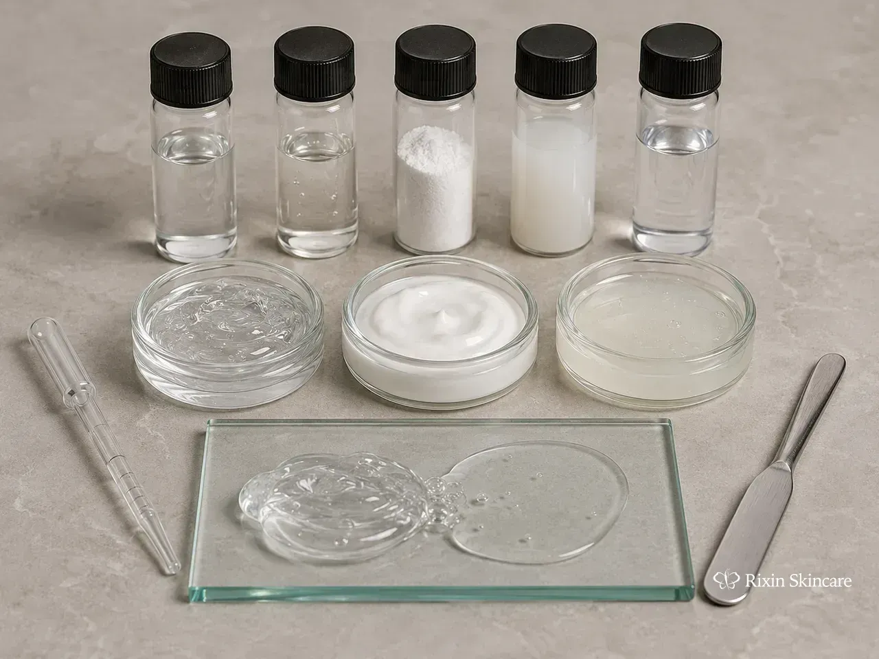 Neutral cosmetic material vials in different supplied forms beside clear gel, serum, and emulsion formula bases