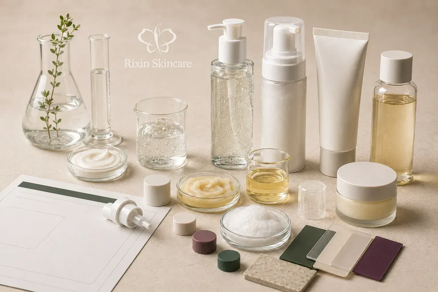 Facial cleanser samples, packaging components, and finished gel, foam, oil, cream, and balm formats arranged for development