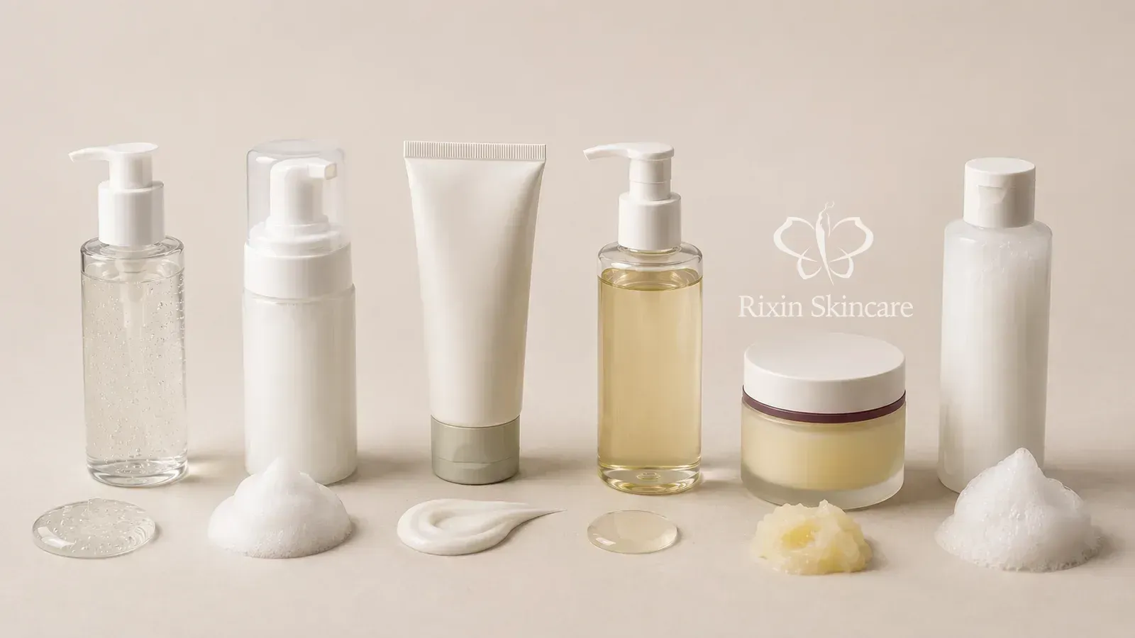 Gel pump, foaming dispenser, cream tube, oil bottle, balm jar, and matching cleanser textures arranged by format