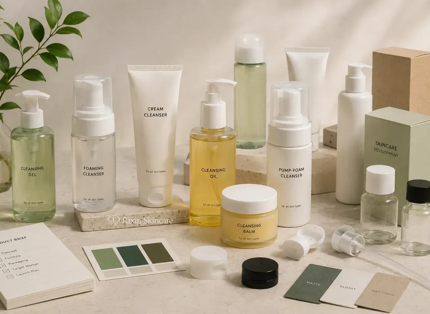 Facial cleanser pumps, foaming dispenser, squeeze tube, oil bottle, balm jar, closures, and cartons arranged for packaging review