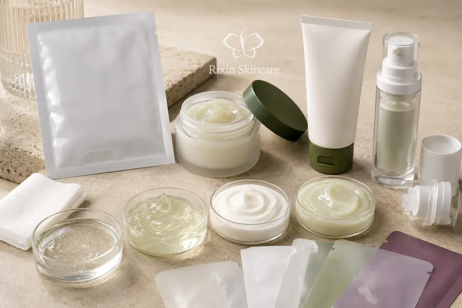 Facial mask formula samples, sachet, jar, tube, airless pump, and packaging components arranged for product development
