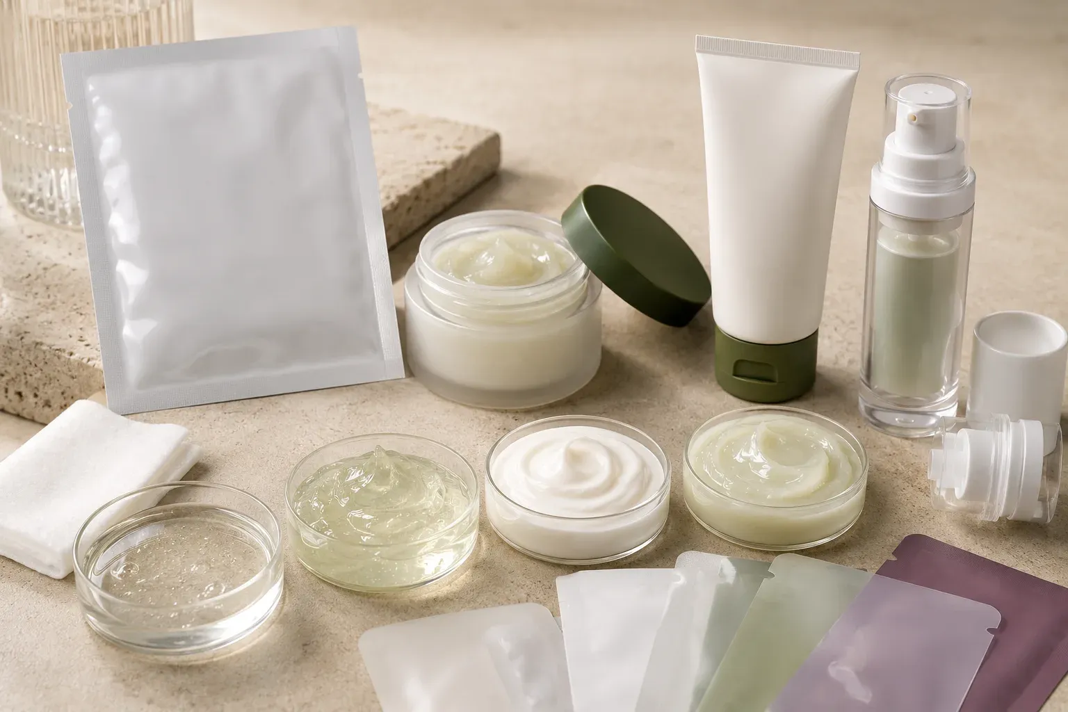 Facial mask formula samples, sachet, jar, tube, airless pump, and packaging components arranged for product development