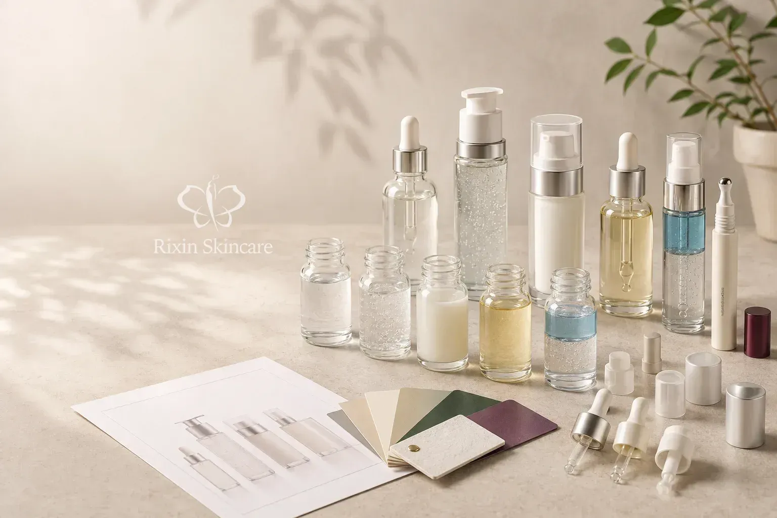 Facial serum samples, packaging components, and finished water-based, gel, milky, oil, bi-phase, and eye-serum formats arranged for development