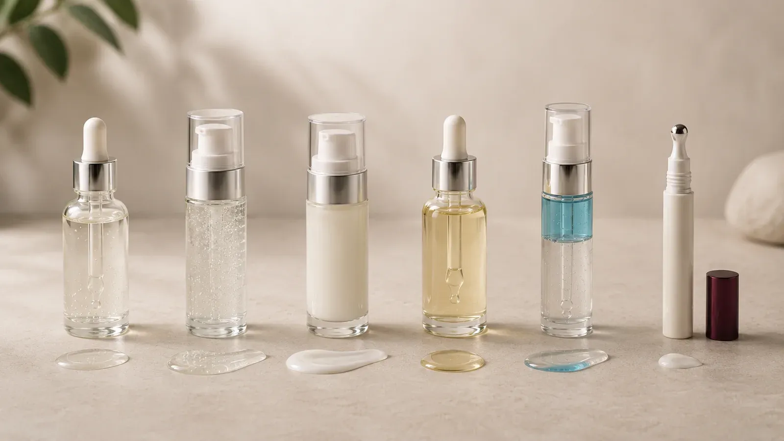 Water-based, gel, milky, oil, bi-phase, and eye-serum packages with matching textures arranged by format