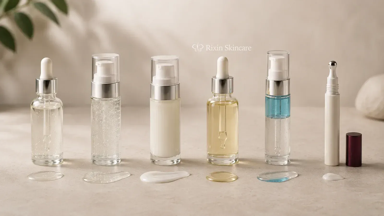 Water-based, gel, milky, oil, bi-phase, and eye-serum packages with matching textures arranged by format