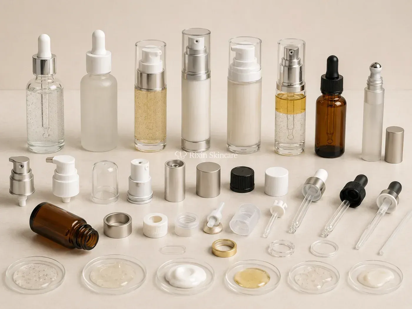 Facial serum dropper bottles, treatment pumps, airless packages, eye-serum applicator, closures, and cartons arranged for packaging review