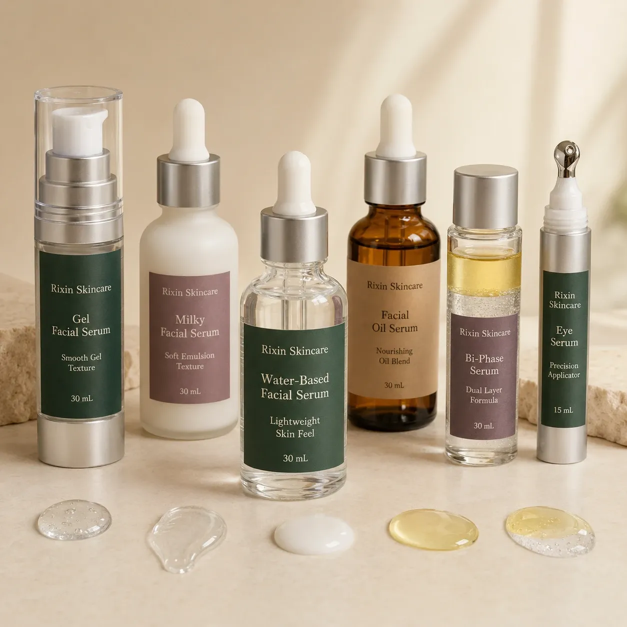 Water, gel, milky, oil, bi-phase, and eye serum formats