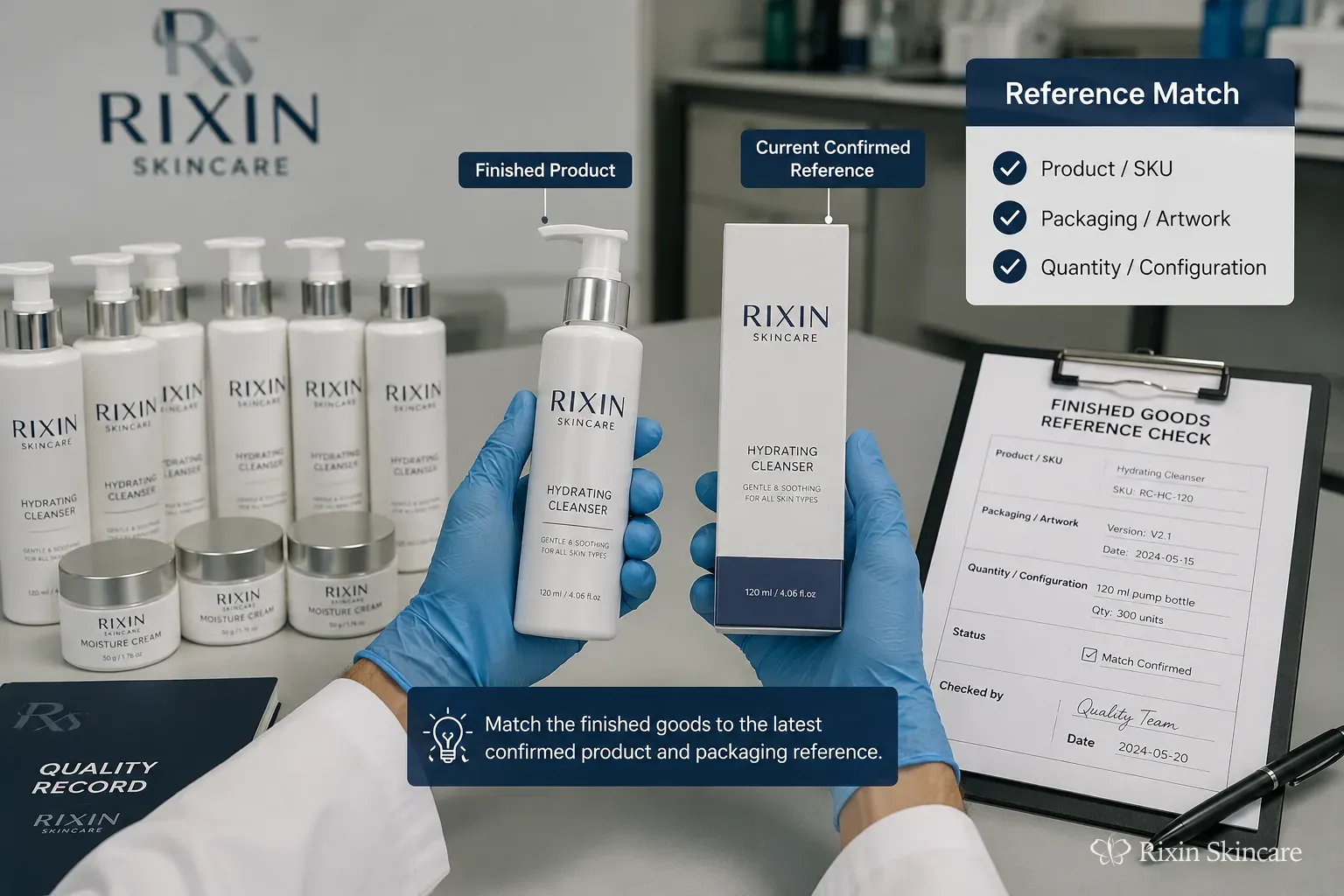 Finished skincare bottles and cartons are compared with the confirmed physical product and package reference.