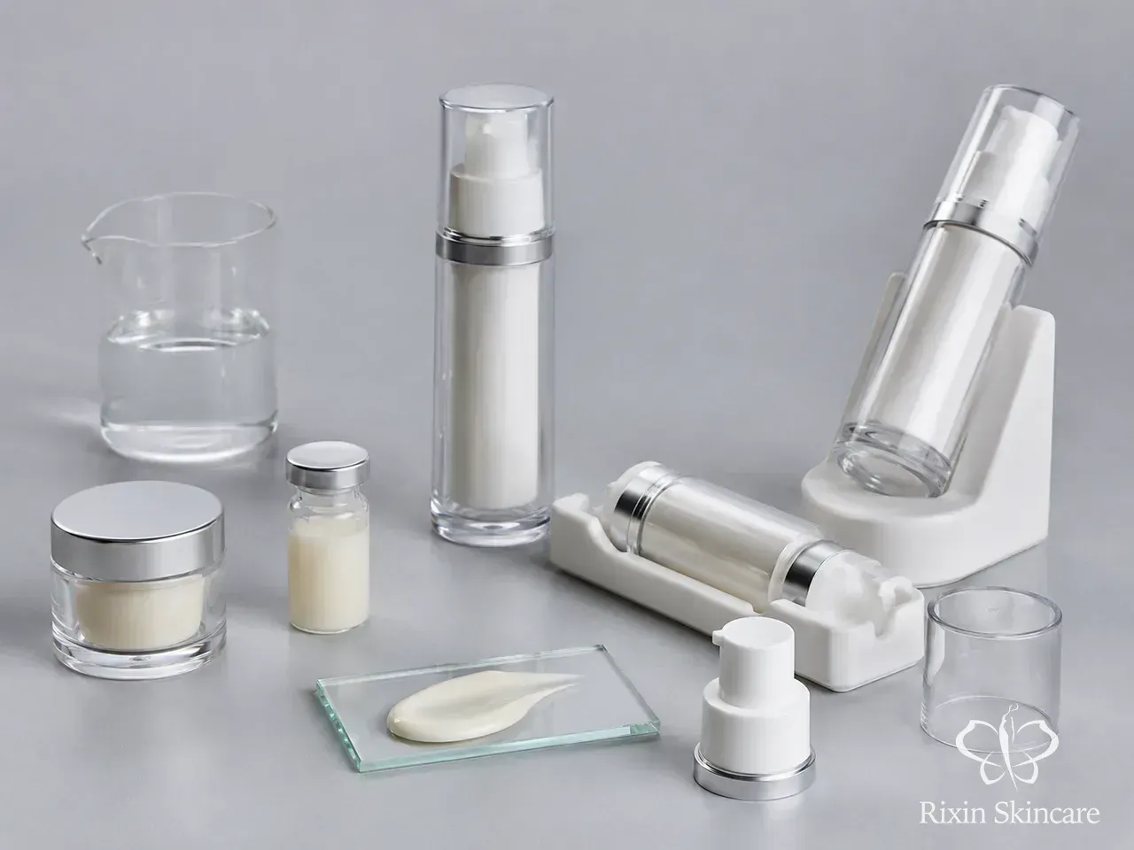 Formula samples, identical airless packages in controlled orientations, and closure components for finished-product testing review