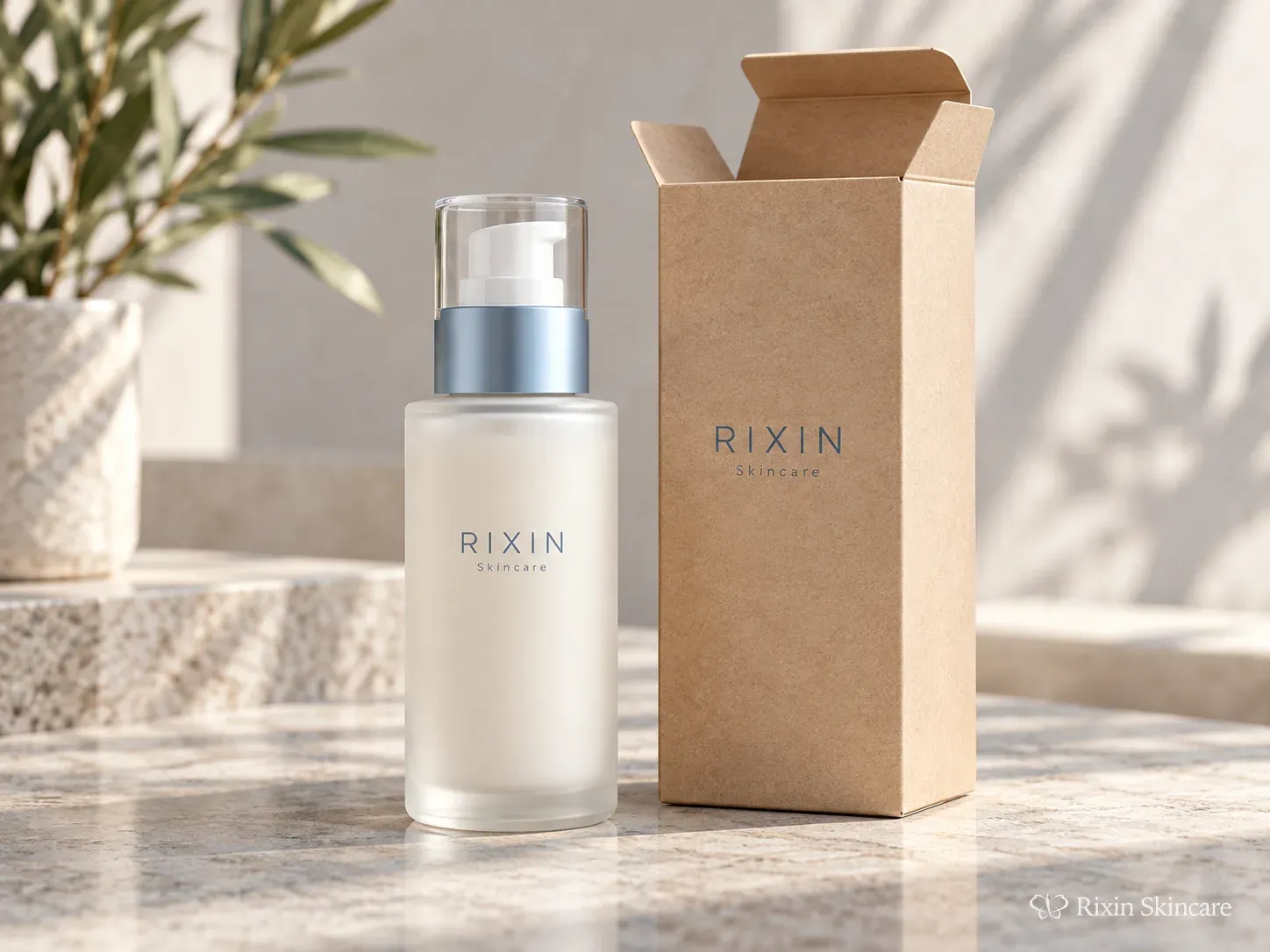 A filled skincare pump bottle beside a matching outer carton as a conceptual finished-product sample.
