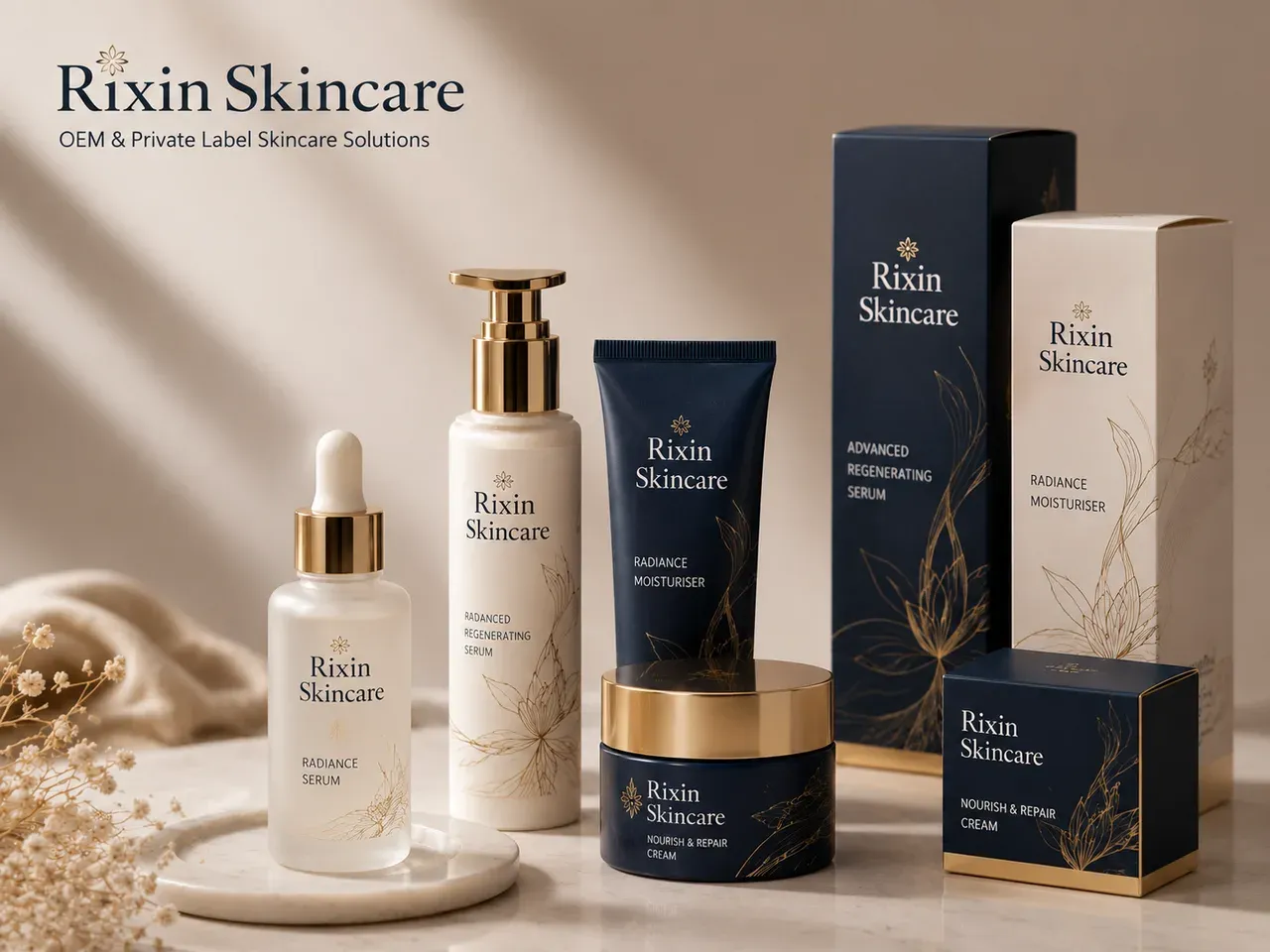 Designed Rixin Skincare serum bottle, pump bottle, tube, jar, and matching outer cartons in a coordinated premium packaging system