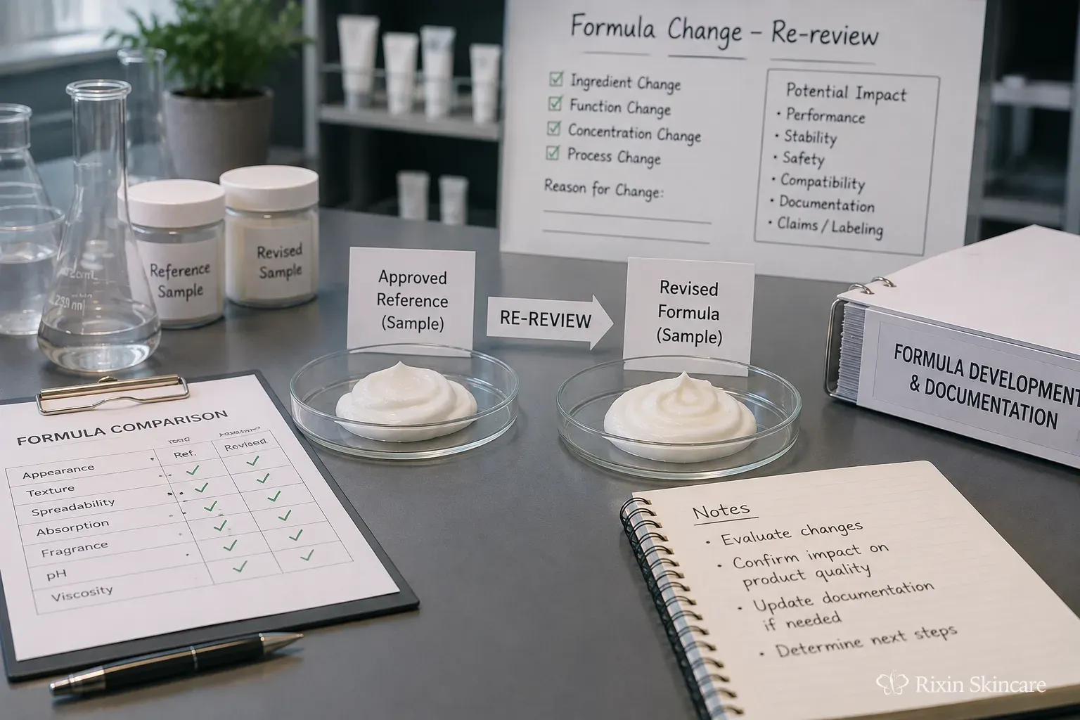A revised skincare sample is compared with the previously accepted product reference and intended package.