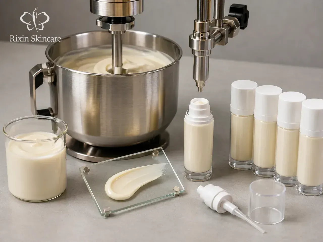 Small formula sample vessel, larger bench mixing vessel, filling interface, and identical airless bottles for scale-up review