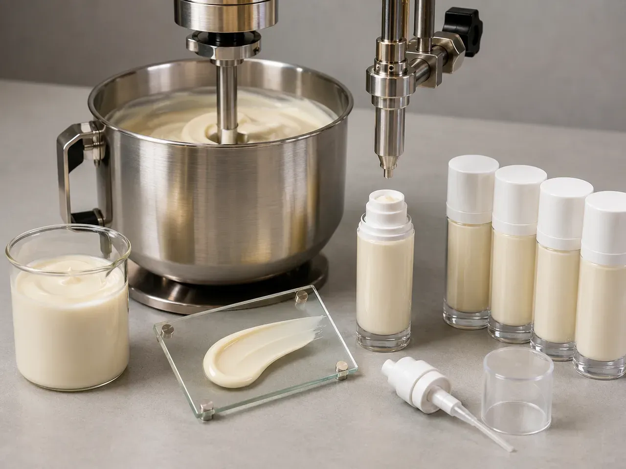 Small formula sample vessel, larger bench mixing vessel, filling interface, and identical airless bottles for scale-up review