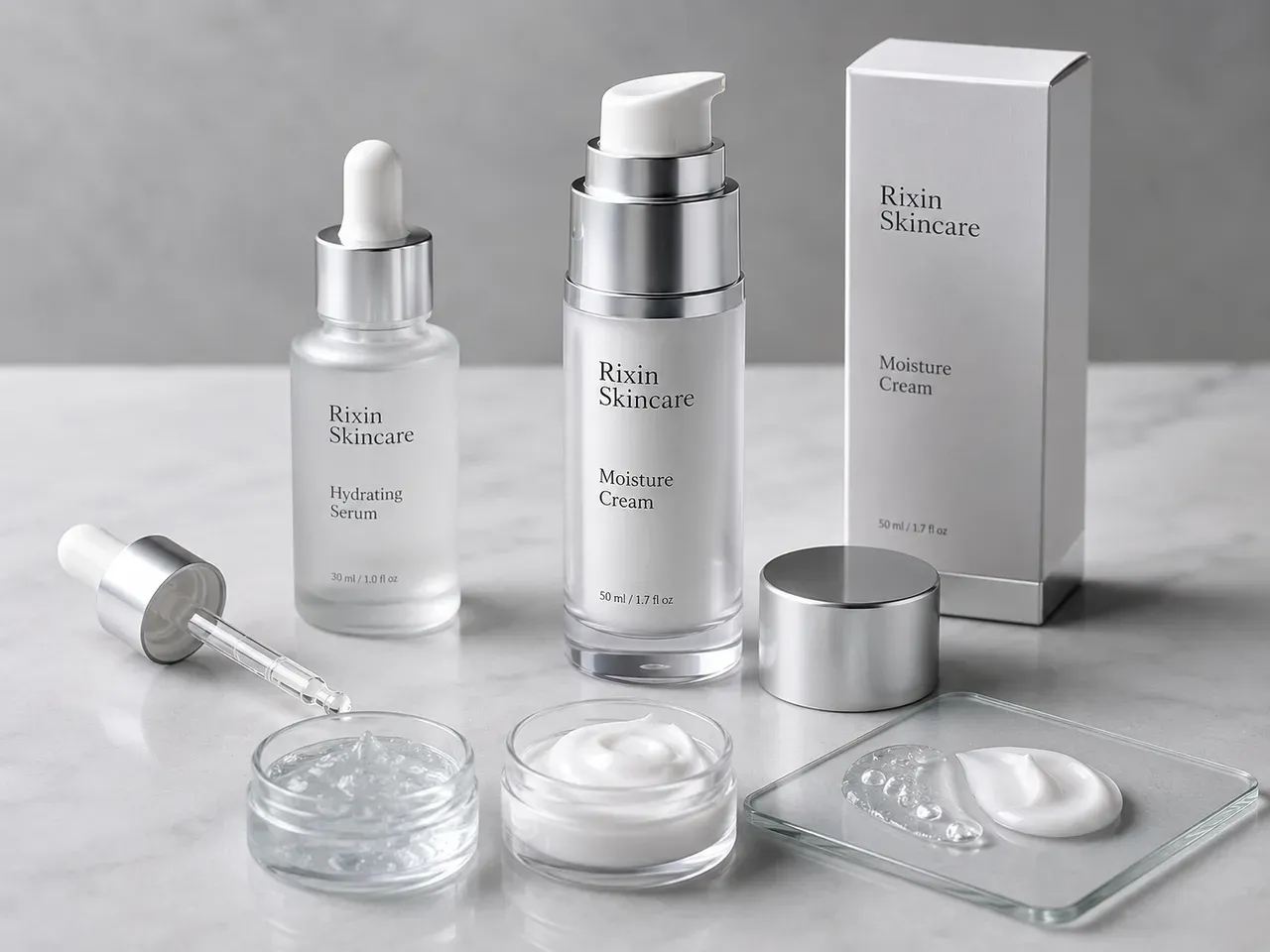 Rixin Skincare formula textures beside dermocosmetic-style airless and dropper packaging for compatibility review