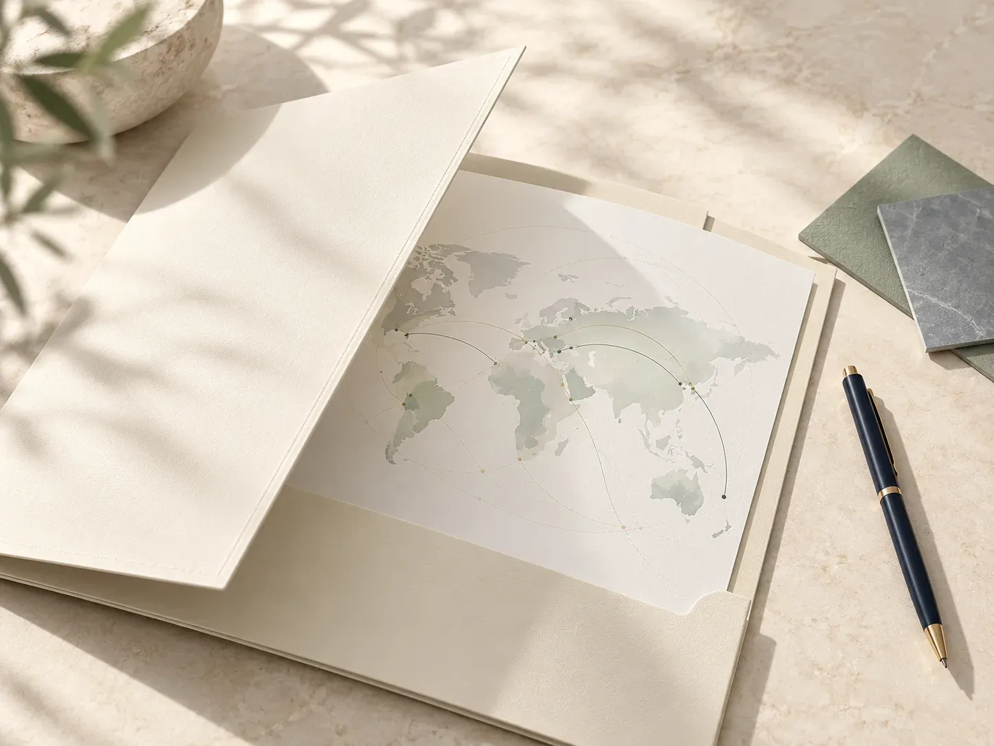 Global project planning folders with a world map on a light stone desk.