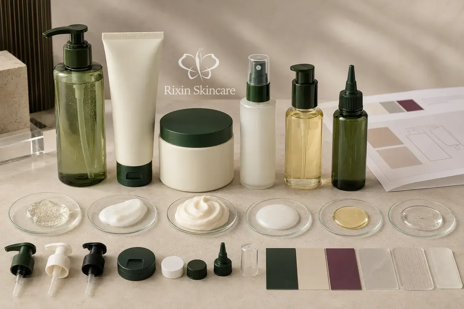 Shampoo, conditioner, hair mask, leave-in, hair oil, and scalp-serum samples with coordinated packaging arranged for development