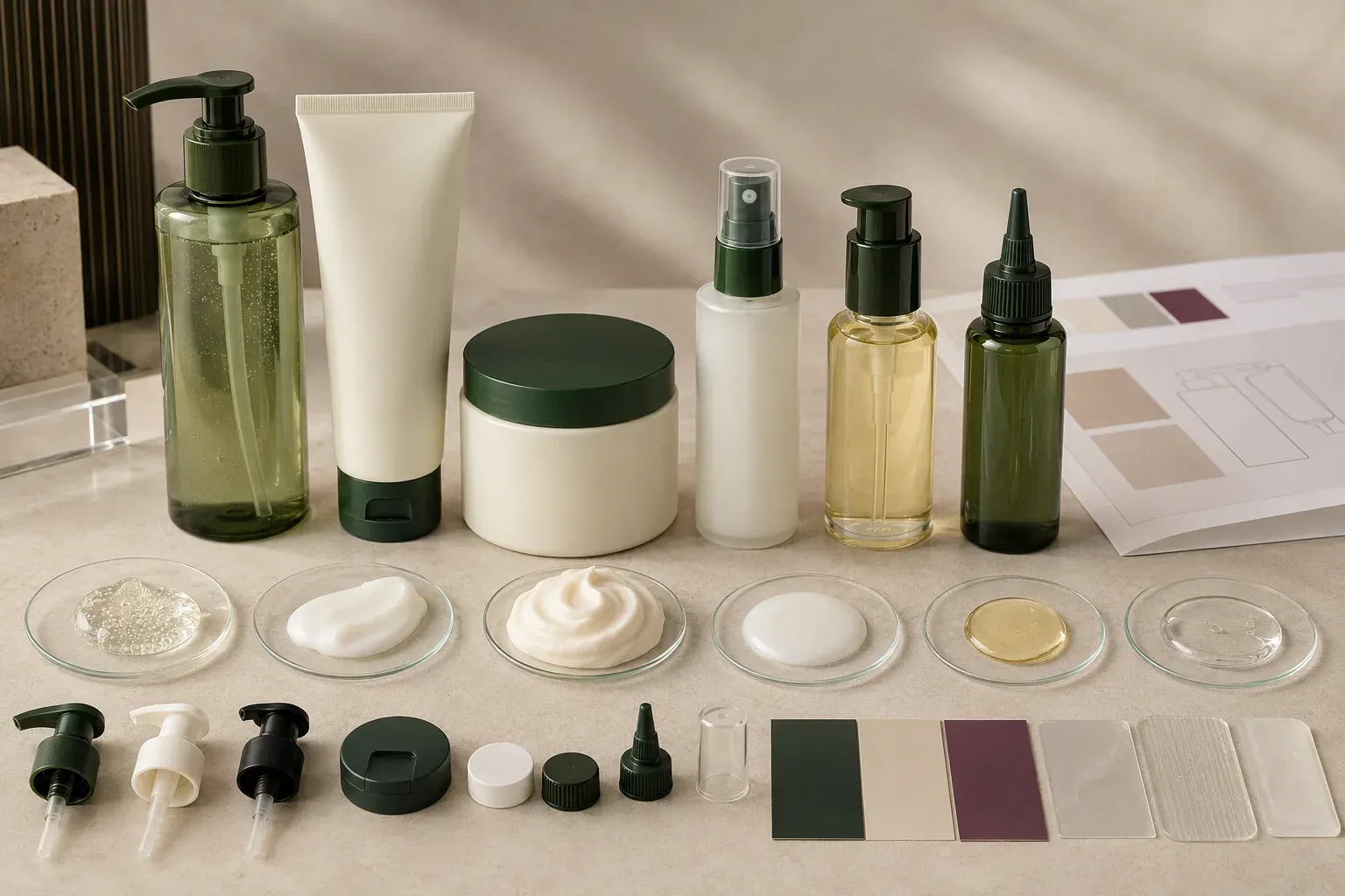 Shampoo, conditioner, hair mask, leave-in, hair oil, and scalp-serum samples with coordinated packaging arranged for development