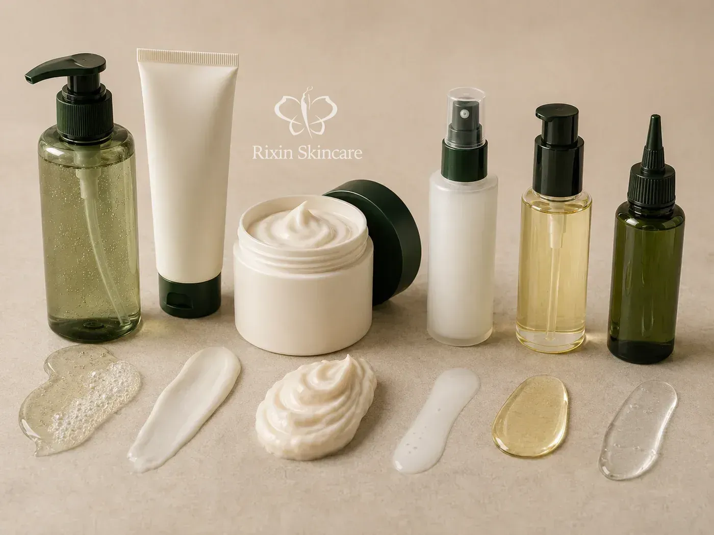 Hair and scalp care formats and textures showing shampoo, conditioner, hair mask, leave-in, hair oil or serum, and scalp serum