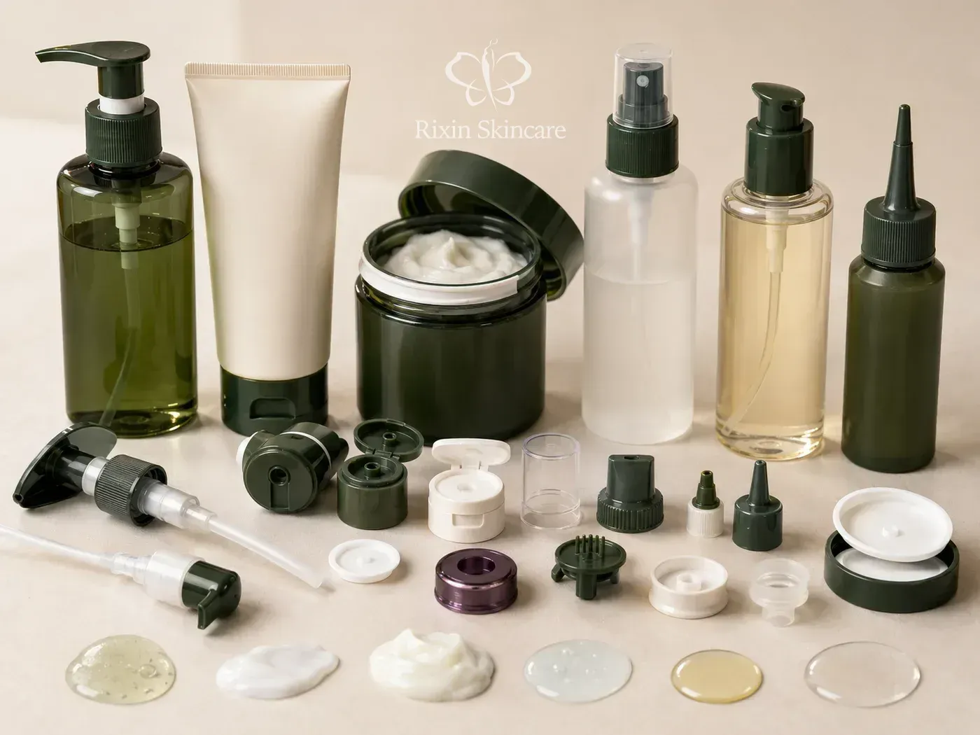 Hair and scalp care packaging with pump bottle, squeeze bottle, mask jar, spray pump, oil closure, scalp applicator, and matching components