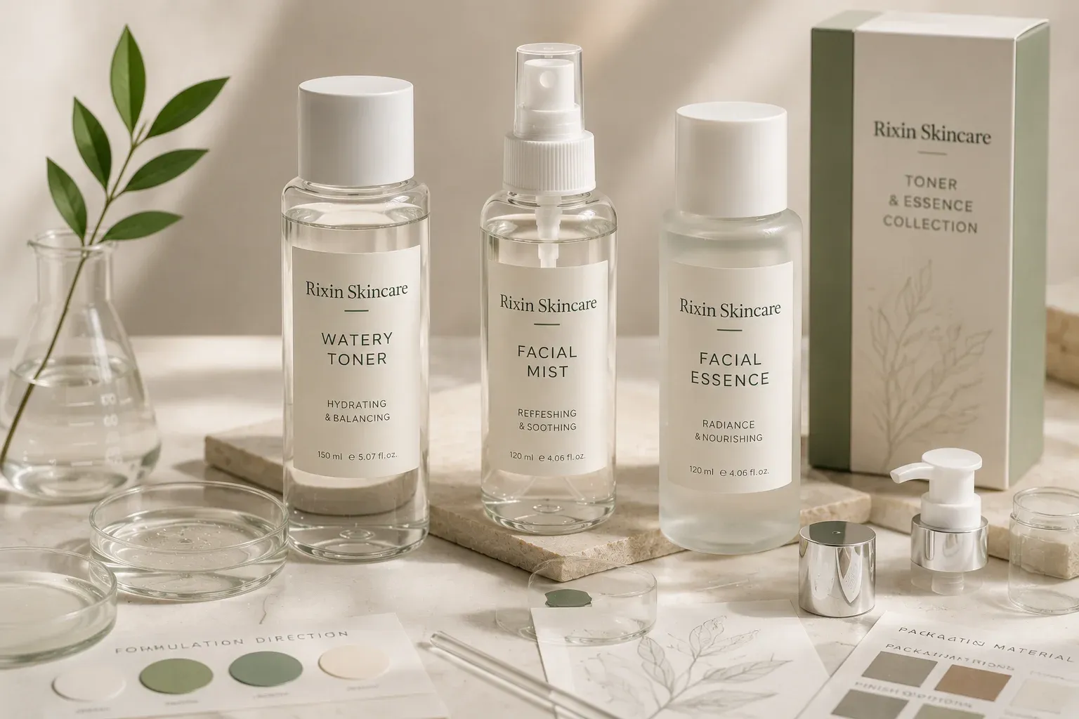 Private label toner and essence product development display with multiple liquid skincare formats and packaging options.