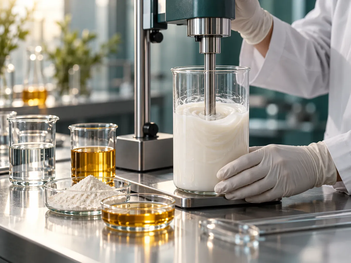 A gloved hand mixes a skincare cream formula beside ingredient samples.