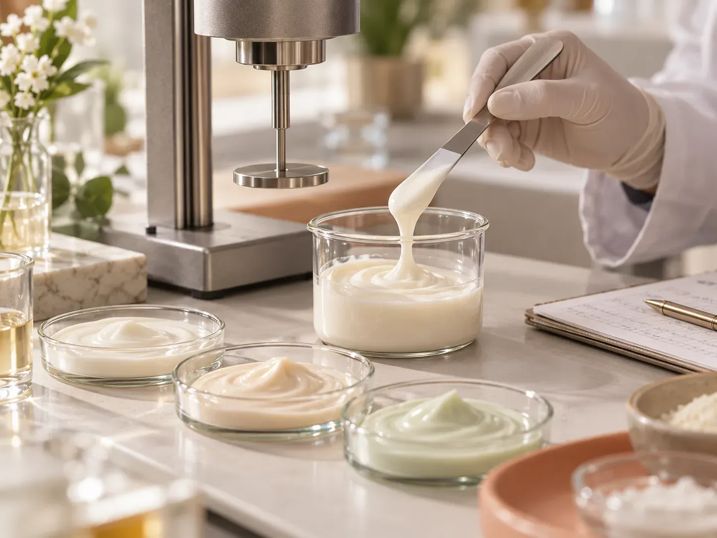 A gloved hand lifts a cream sample beside a benchtop testing instrument.