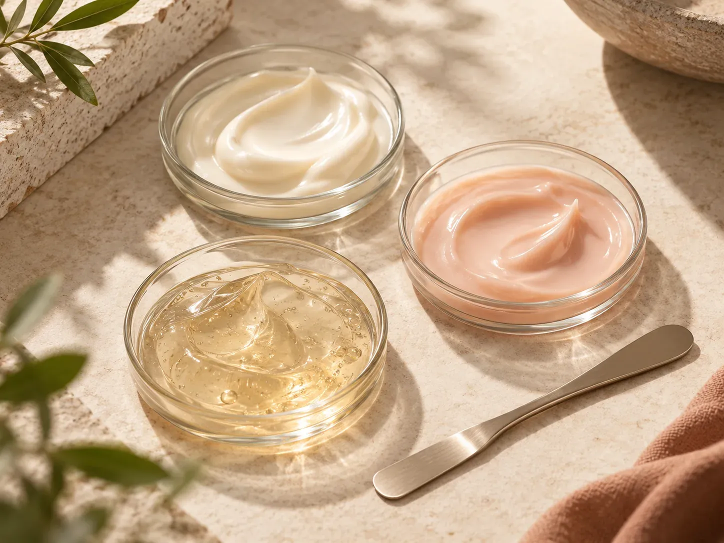 Skincare formula samples in glass dishes arranged for comparison.