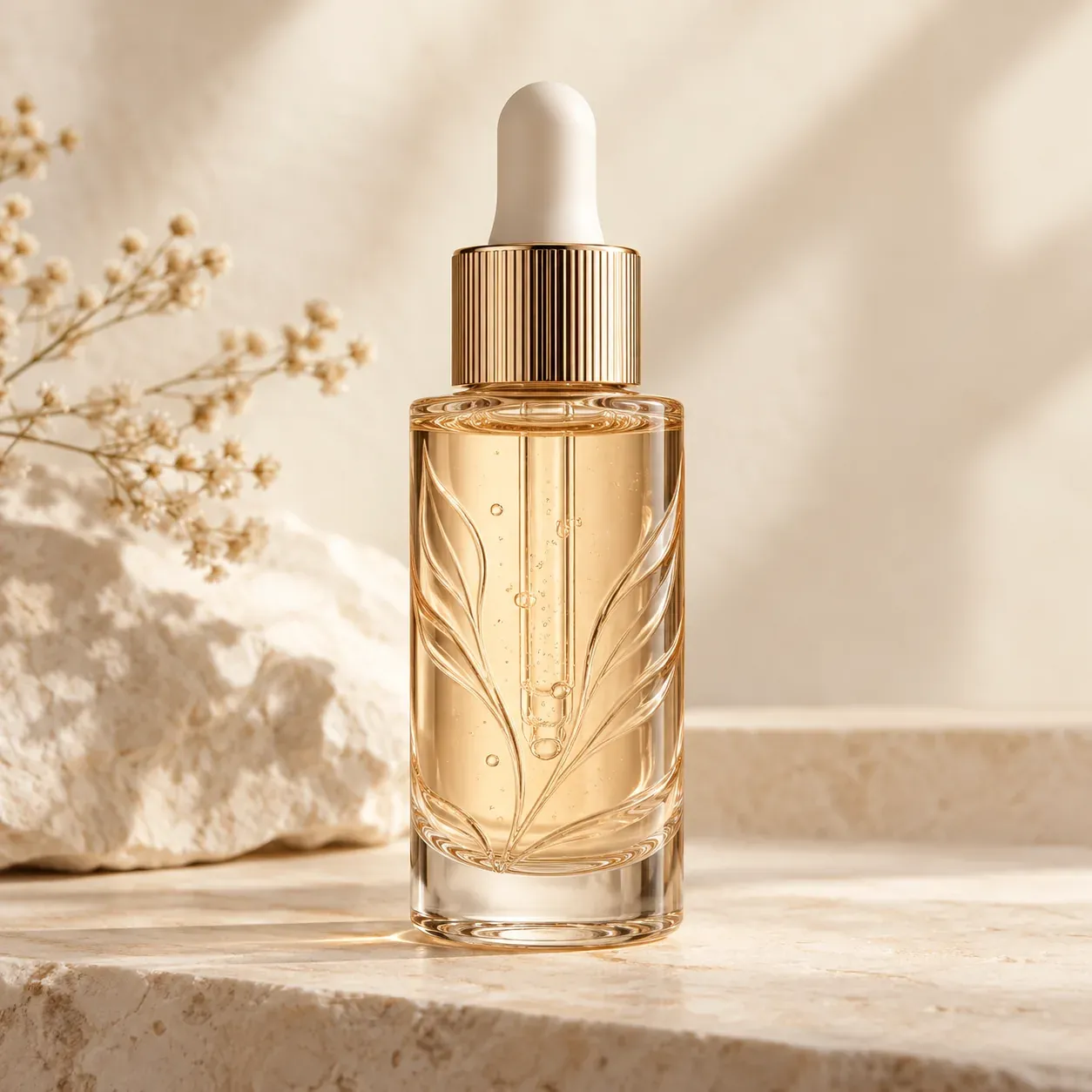 Amber skincare serum in a glass dropper bottle