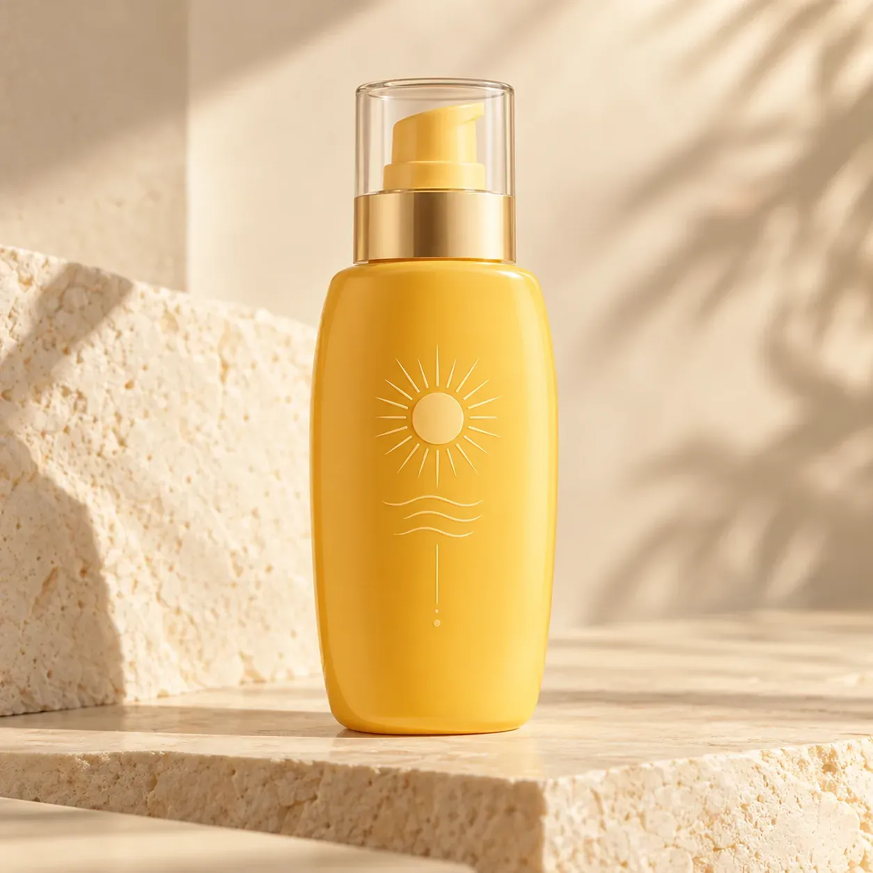 Yellow sunscreen bottle with a sun symbol