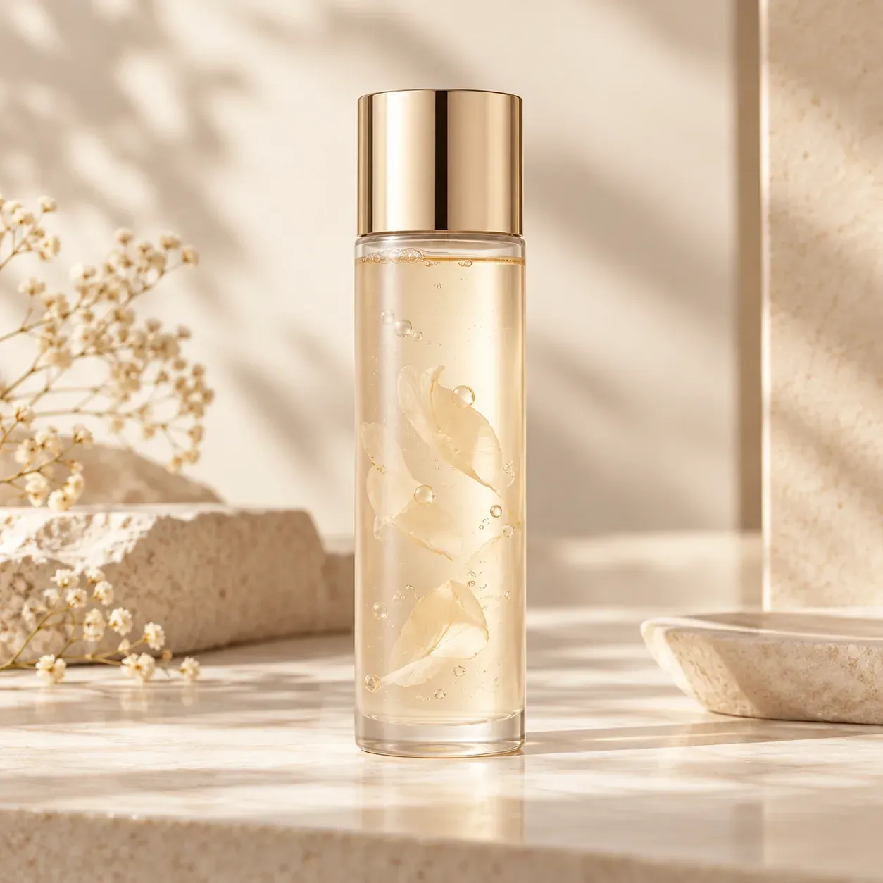 Clear toner or essence in a glass bottle with a gold cap