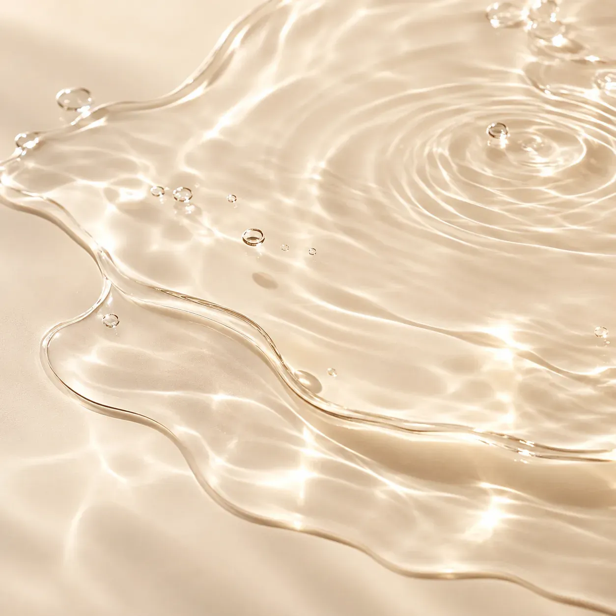 Clear, watery toner or essence spread across a light surface