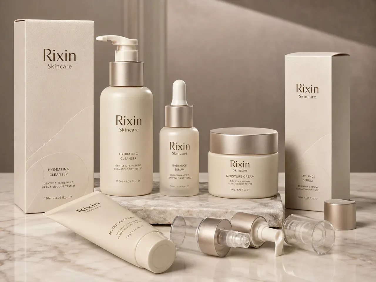 Rixin Skincare bottles, jars, tubes, cartons, closures, and dispensing components arranged for packaging and production-readiness review
