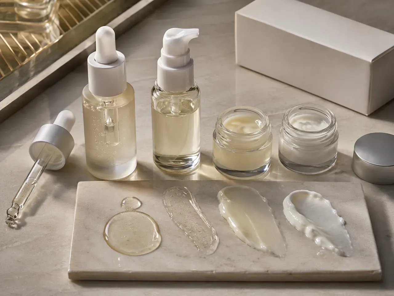 Skincare sample containers and formula textures arranged for structured sample evaluation and formula approval