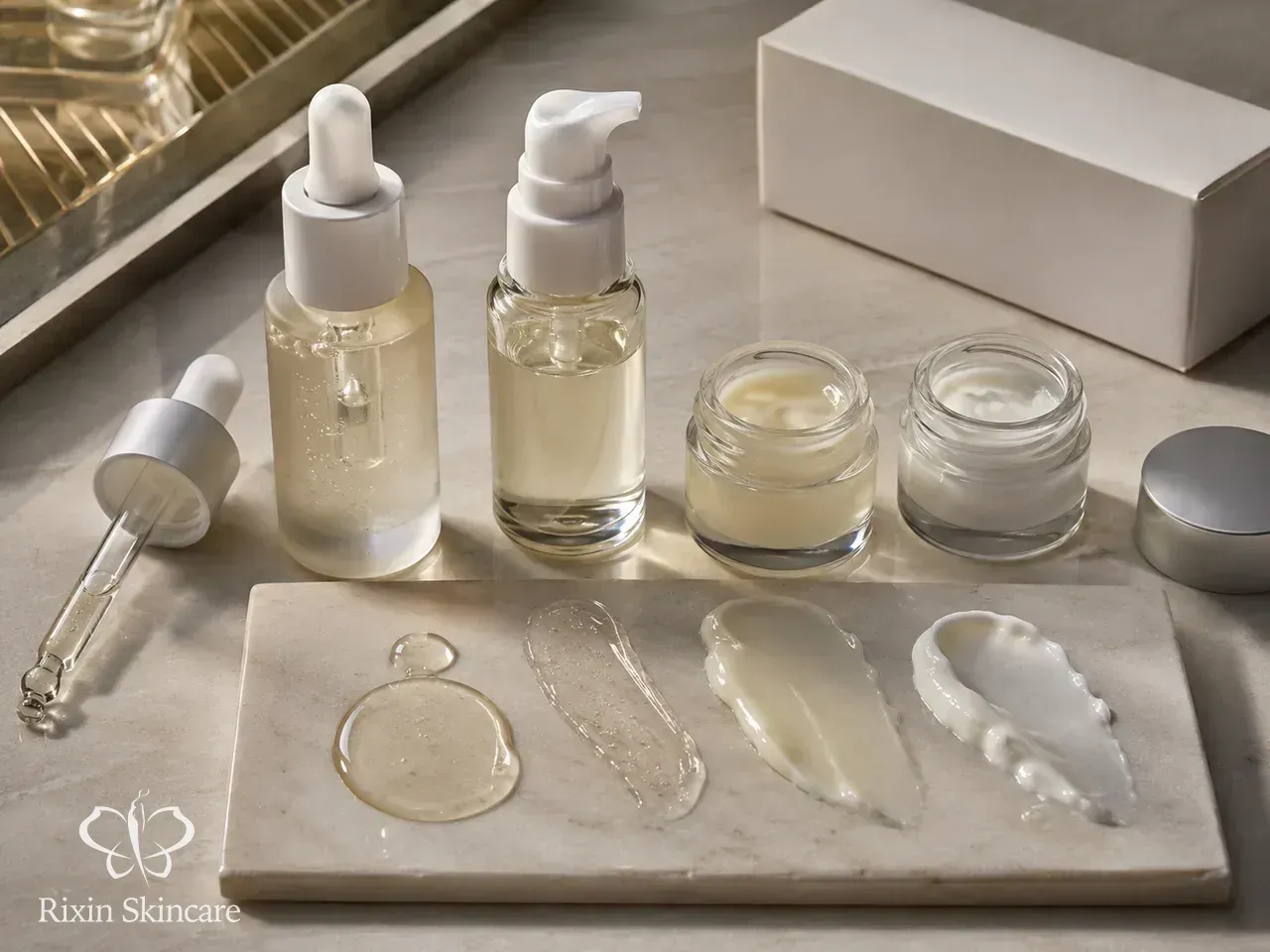 Skincare sample containers and formula textures arranged for structured sample evaluation and formula approval