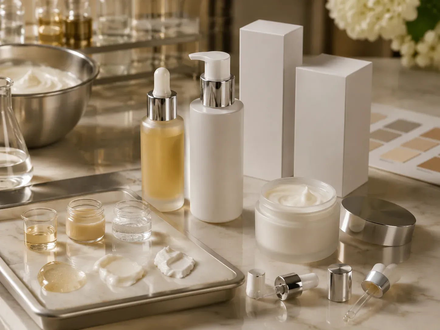 Coordinated skincare project review with formula samples, packaging formats, and production-readiness components